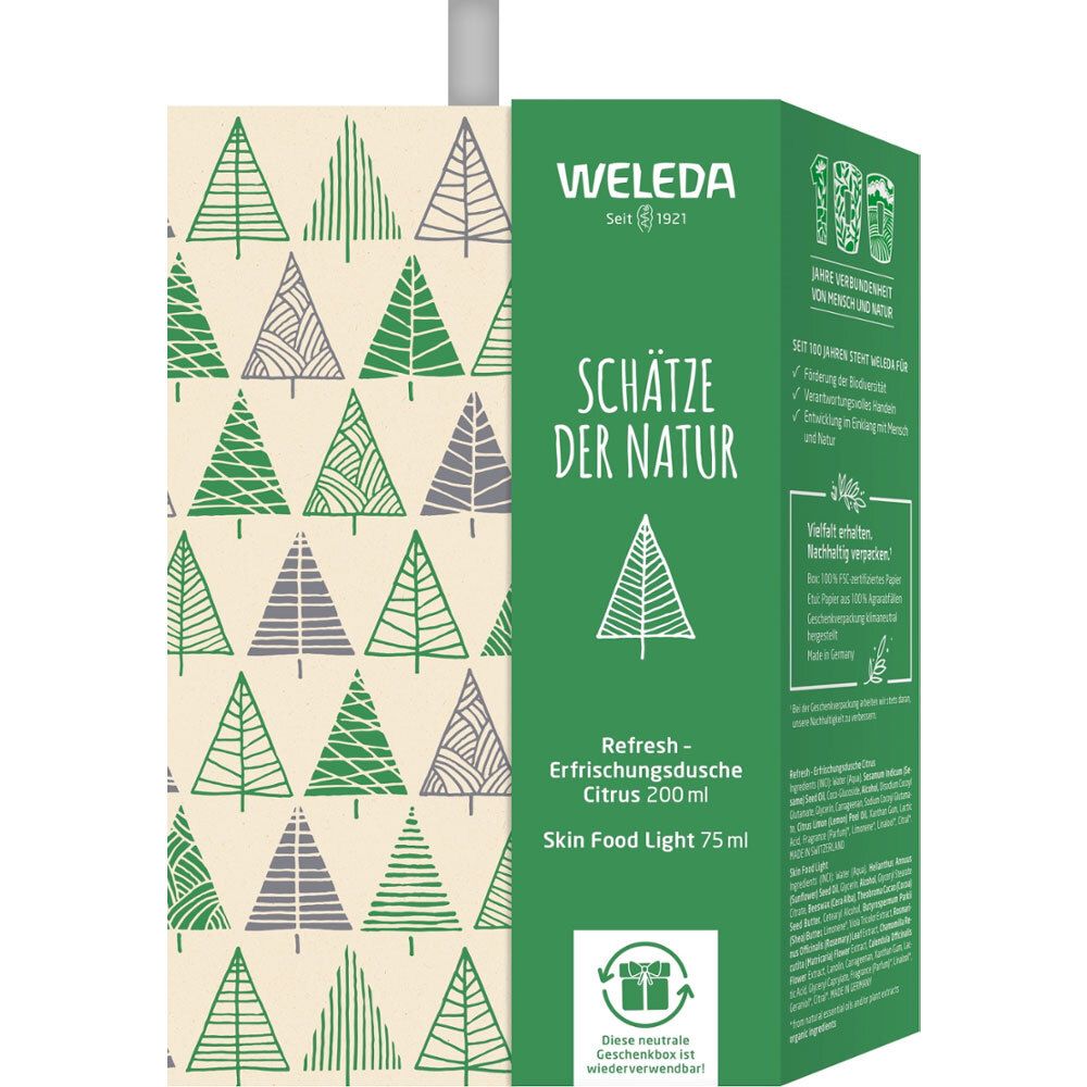 Grüne Geschenkbox mit dem Schriftzug "Schätze der Natur". Aufschrift "Weleda" und Produktnamen. Baum-Muster auf der linken Seite.