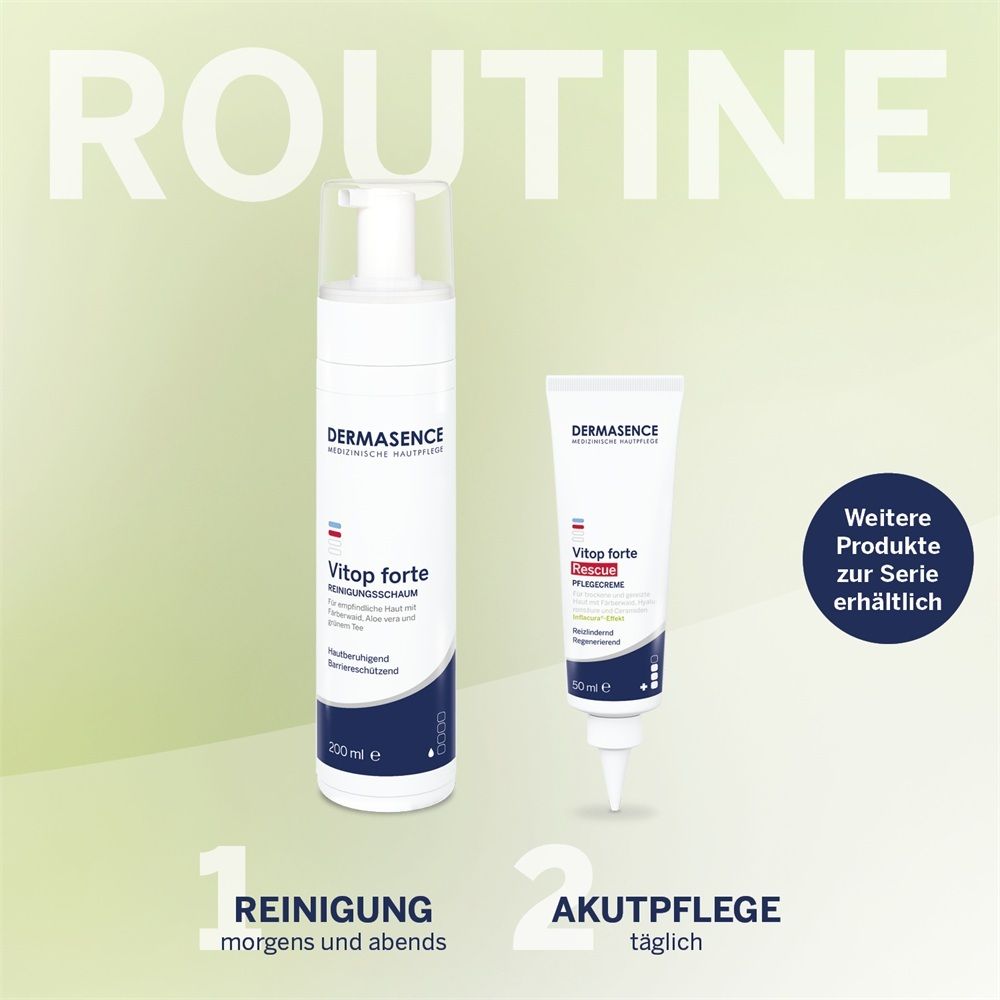 Zwei Dermasence Hautpflegeprodukte: ein Pumpspender und eine Tube mit Applikator.