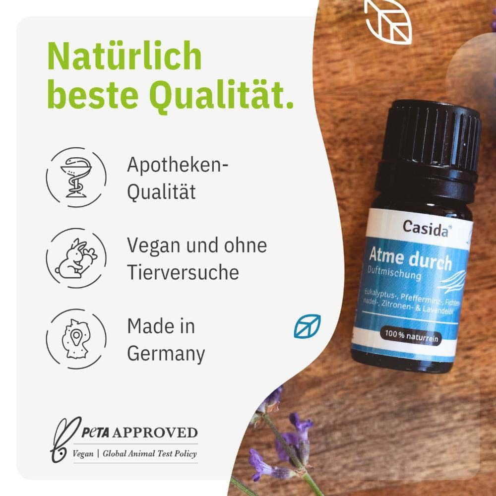 Produktflasche auf Holz. Text: Natürlich beste Qualität. Apotheken-Qualität, Vegan, Made in Germany.