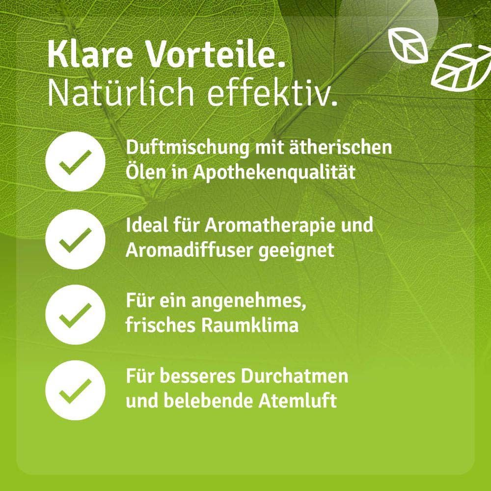 Text: Klare Vorteile. Natürlich effektiv. Duftmischung in Apothekenqualität. Für bessere Atemluft.