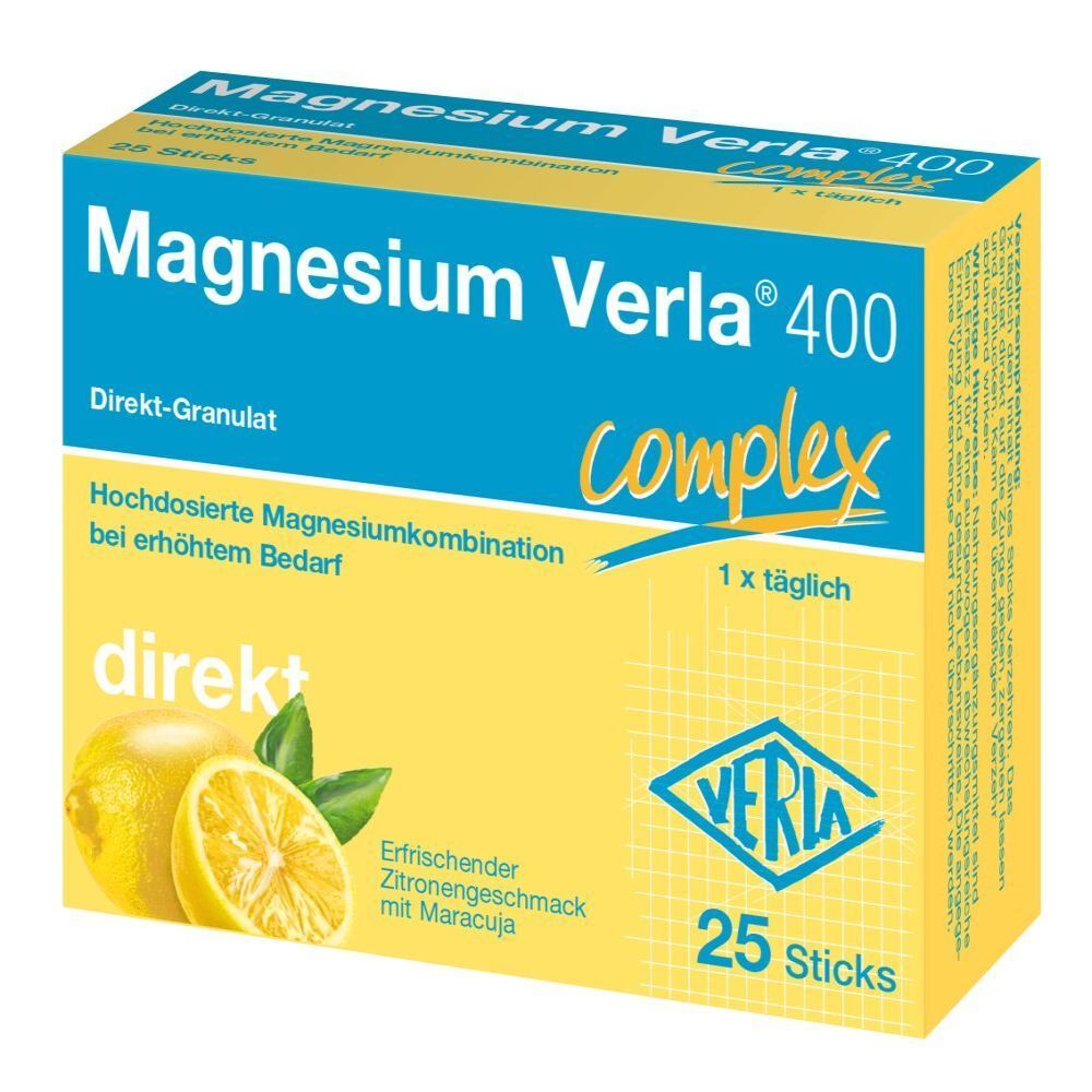 Schachtel Magnesium Verla 400 Direkt-Granulat. 25 Sticks. Zitrone und Maracuja. Verla-Logo.