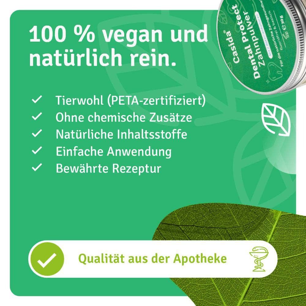 Casida® Dental Protect Zahnpulver. 100% vegan und natürlich rein. Tierwohl (PETA-zertifiziert), ohne chemische Zusätze, einfache Anwendung.
