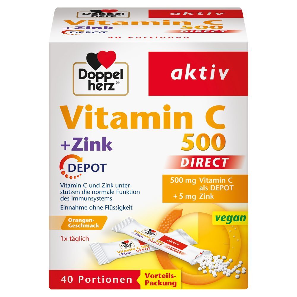 Schachtel mit Vitamin C 500 DIRECT + Zink. 40 Portionen. Enthält 500 mg Vitamin C und 5 mg Zink. Vegan.