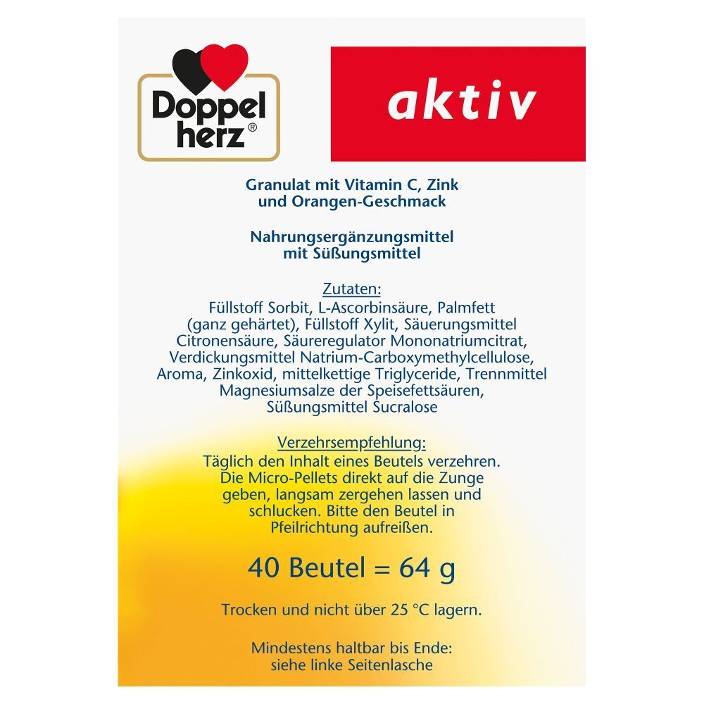 Rückseite der Verpackung mit Zutatenliste und Verzehrempfehlung. 40 Beutel = 64 g.