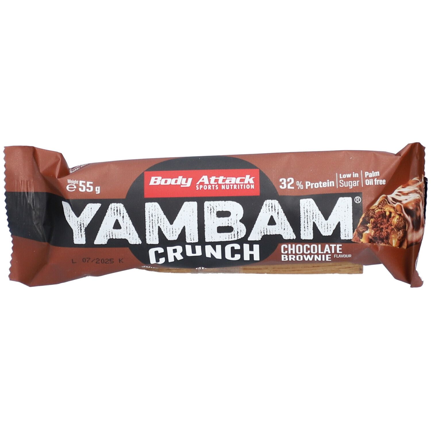 Riegelverpackung mit "Yambam Crunch"-Logo und "Chocolate Brownie"-Geschmack. Enthält 55g. "Body Attack"-Logo sichtbar.
