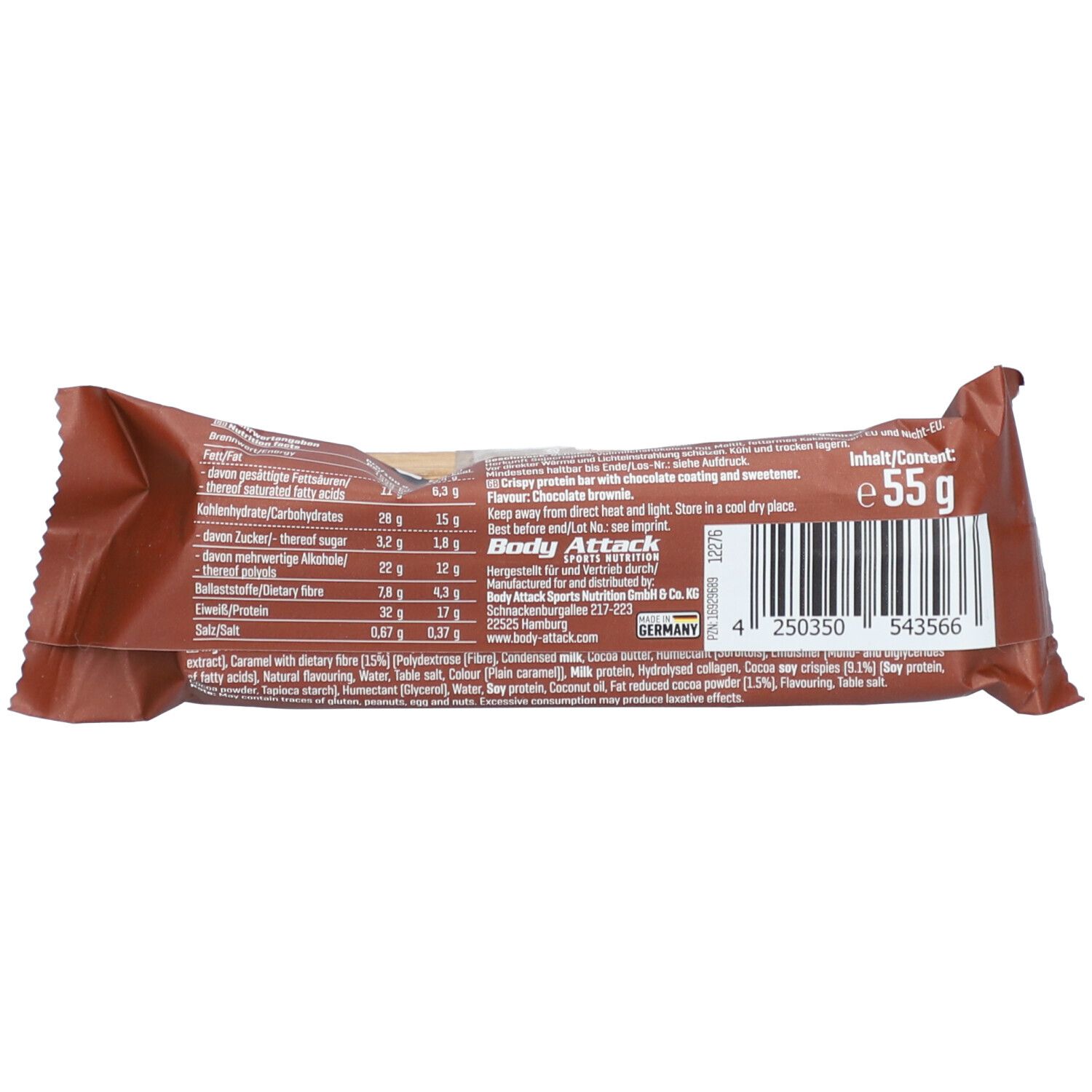 Rückseite der Riegelverpackung. Enthält Nährwertangaben, Zutatenliste und Barcode. "Body Attack"-Logo und 55g.