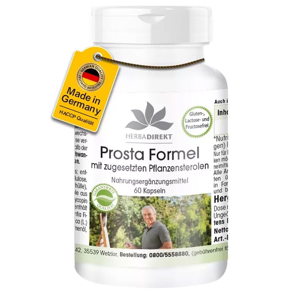 Weiße Flasche mit gelbem Anhänger. Aufschrift: Prosta Formel. Mit Pflanzensterolen. 60 Kapseln. Made in Germany.