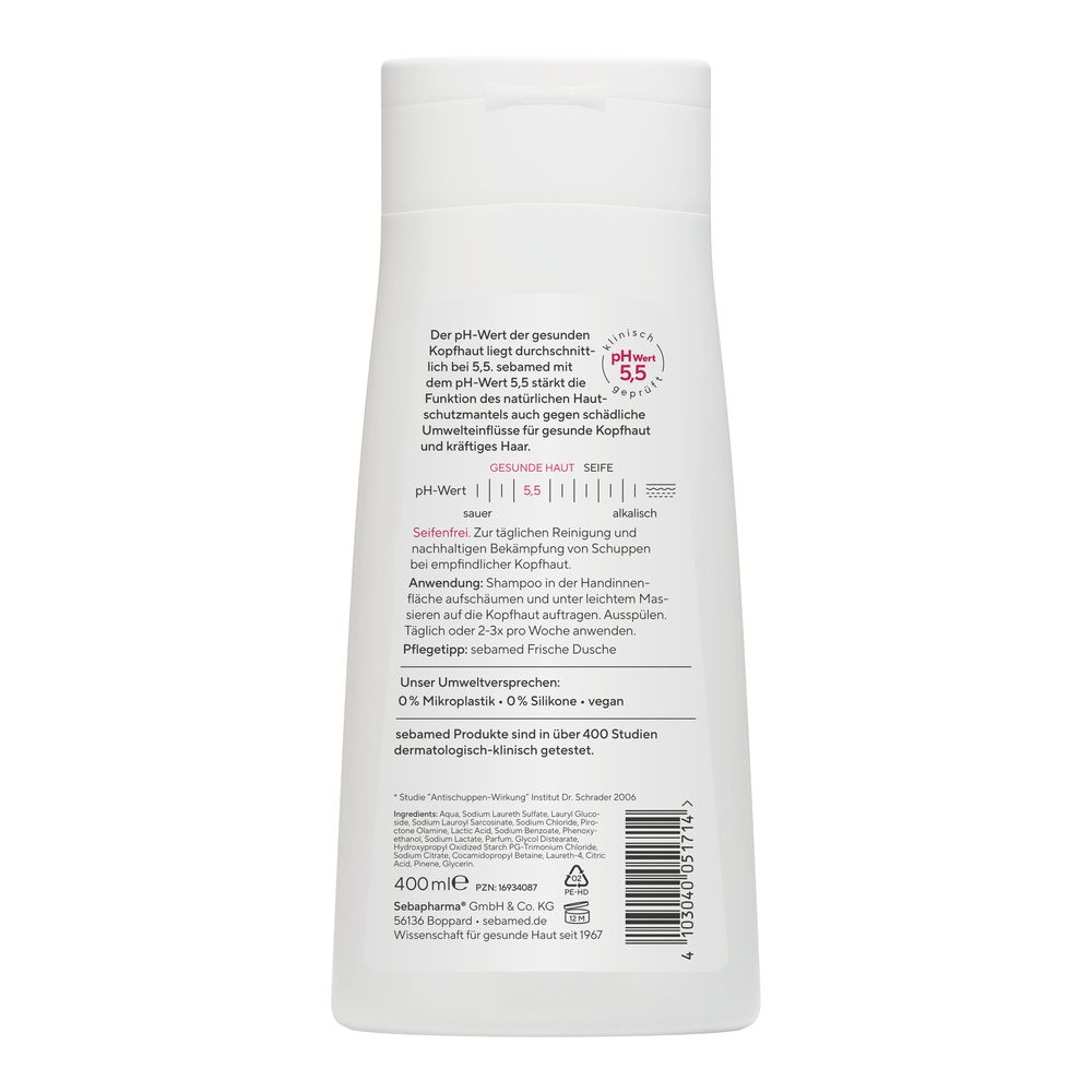 Rückseite der Sebamed Anti-Schuppen Shampoo Flasche. Text: pH-Wert 5,5, gesunde Haut, 0% Mikroplastik, 0% Silikone, vegan. 400 ml.