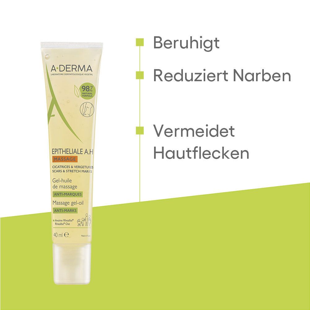 A-Derma Epitheliale AH Massage Gel-Öl in 40ml Tube. Beruhigt, reduziert Narben, vermeidet Hautflecken.