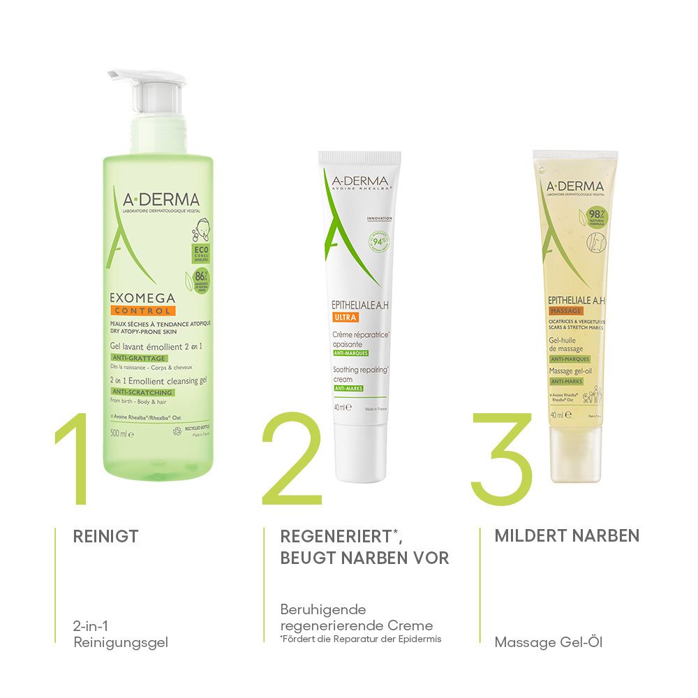 A-Derma Exomega Control 2-in-1 Reinigungs-Gel in Pumpspender, 500ml.