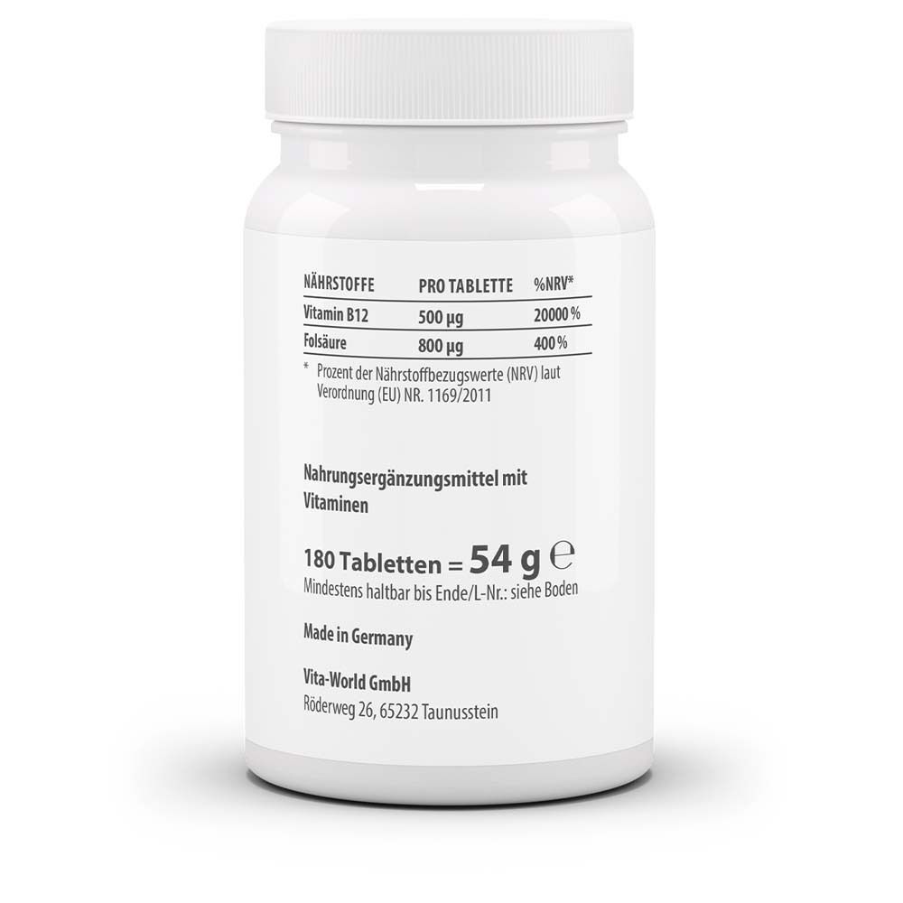 Rückseite der weißen Flasche. Angaben zu Nährstoffen, 180 Tabletten = 54 g. Hergestellt in Deutschland. Vita-World GmbH.