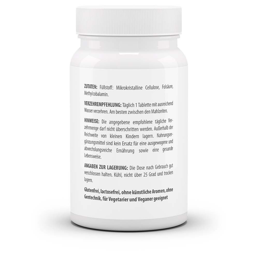 Rückseite der weißen Flasche. Zutaten, Verzehrempfehlung, Hinweise, Angaben zur Lagerung. Glutenfrei, laktosefrei.