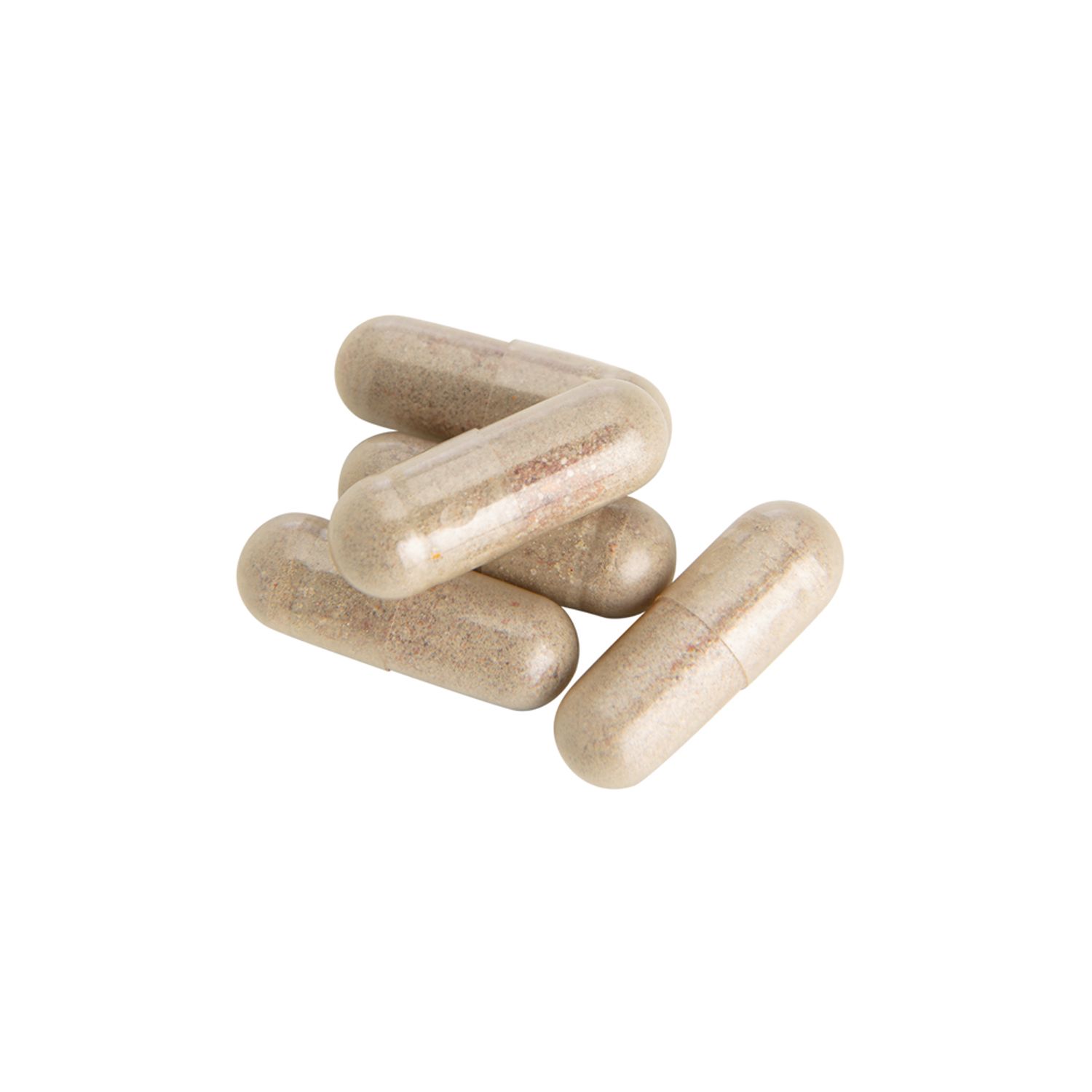 Fünf beige Kapseln liegen auf weißem Hintergrund. Kapselform, leicht transparent.