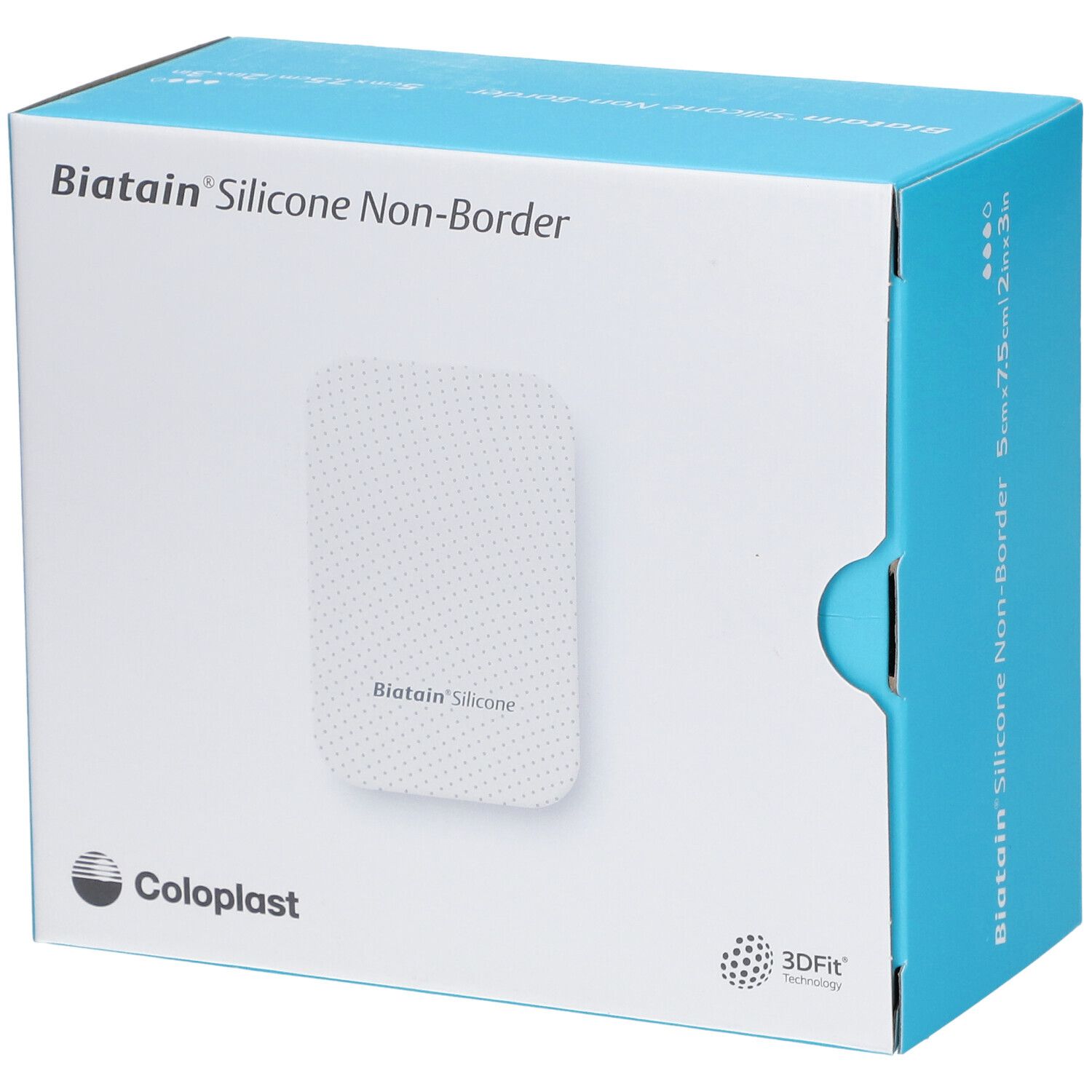 Biatain Silicone Non-Border Schaumverband 5x7,5cm. Coloplast Logo. 3DFIT Technologie.