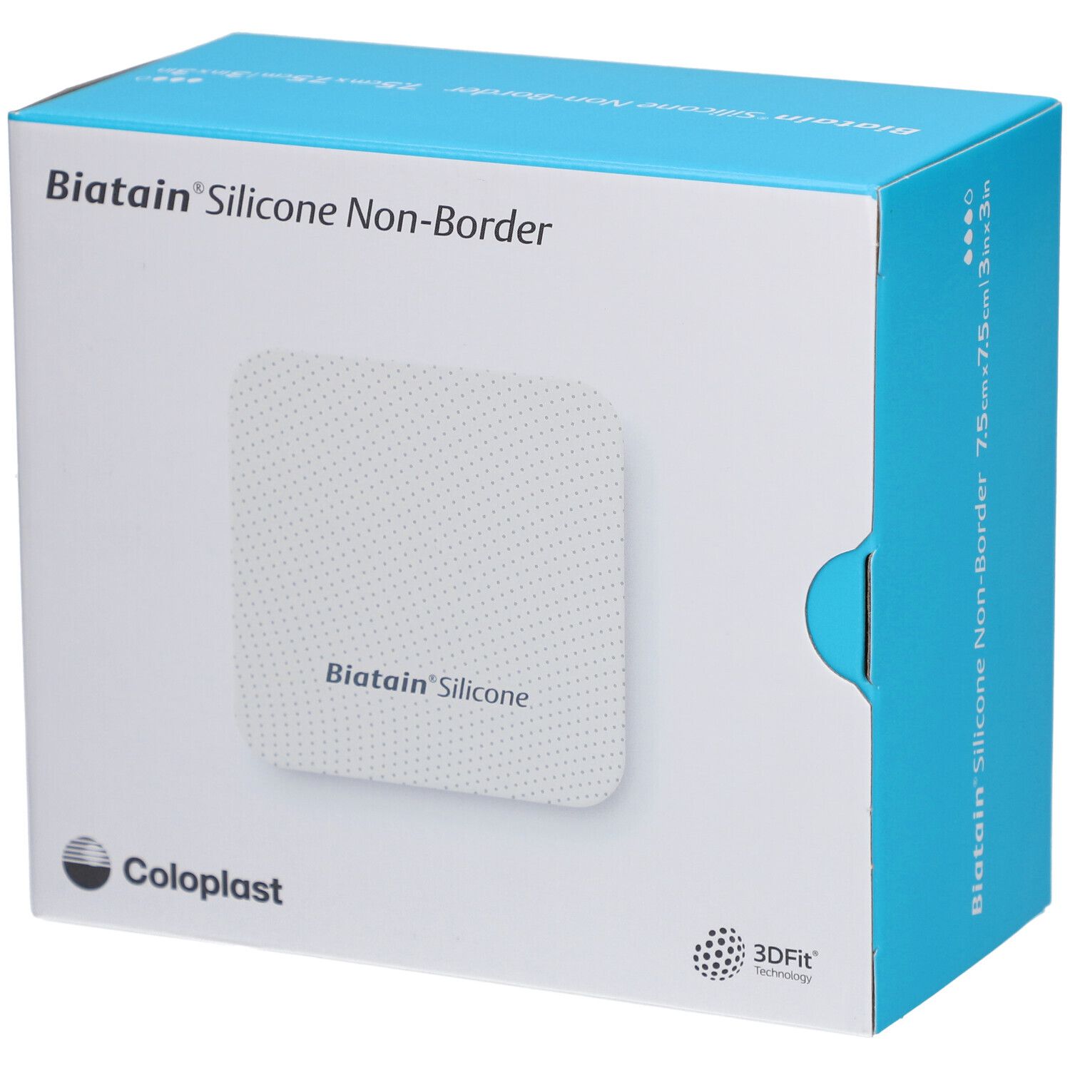 Biatain® Silicone Non-Border Schaumverband 7,5 x 7,5 cm Verpackung mit Produktabbildung und Coloplast Logo.