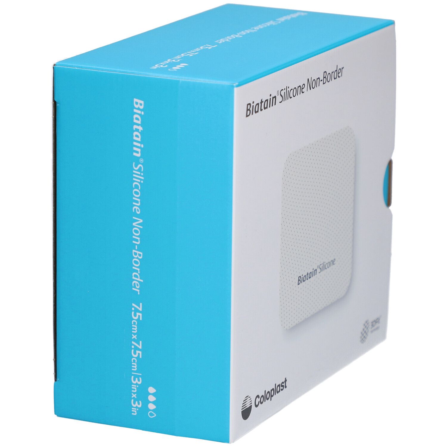 Seitenansicht der Biatain® Silicone Non-Border Schaumverband 7,5 x 7,5 cm Verpackung mit Produktinformationen.