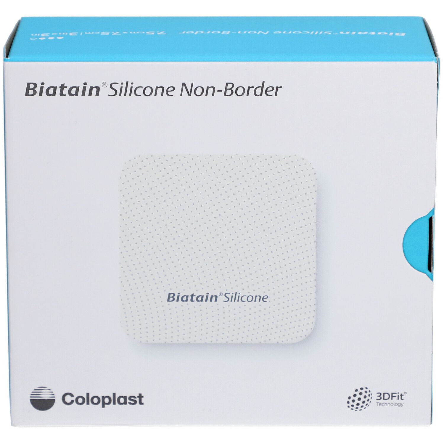 Vorderseite der Biatain® Silicone Non-Border Schaumverband Verpackung mit Produktabbildung.