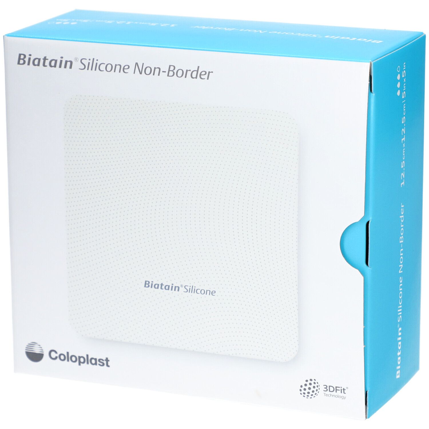 Verpackung von Biatain Silicone Non-Border Schaumverband, 12,5x12,5cm. Coloplast Logo und 3DFit Technologie sichtbar.