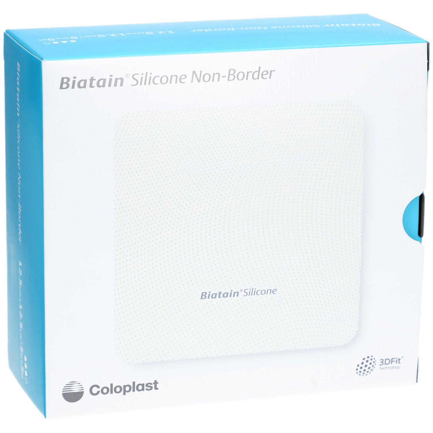 Verpackung von Biatain Silicone Non-Border Schaumverband, 12,5x12,5cm. Coloplast Logo und 3DFit Technologie sichtbar.