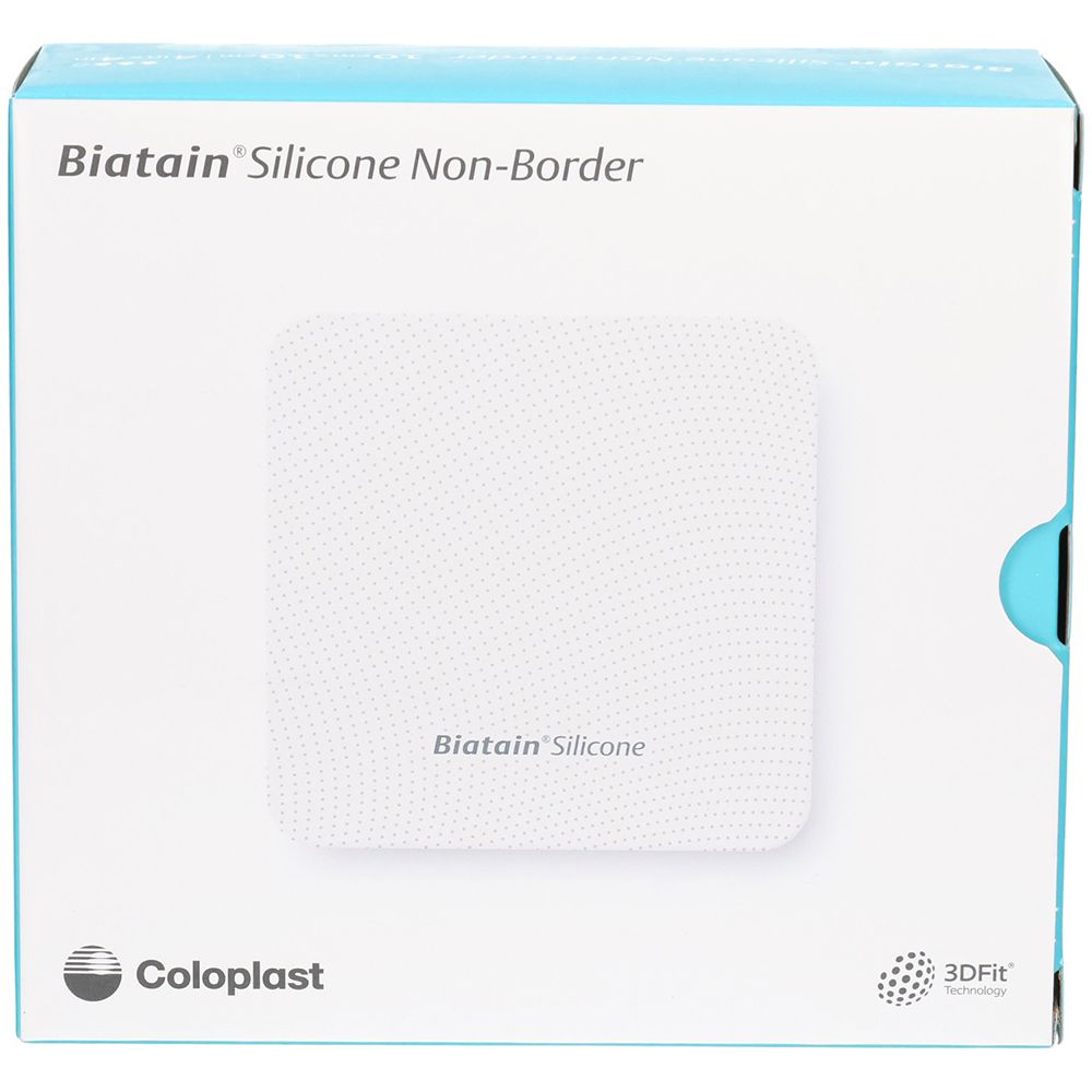 Verpackung für Biatain® Silicone Non-Border Wundauflage. Zeigt eine weiße Schaumstoffauflage mit Silikonhaftung.