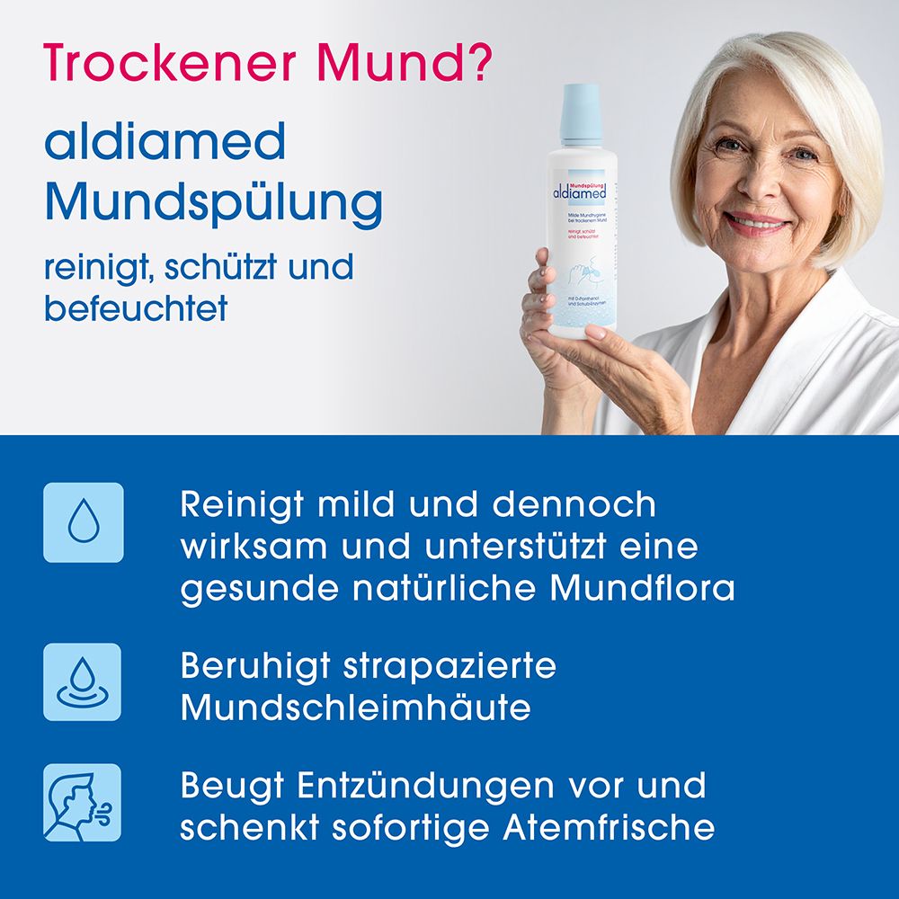 Aldiamed Mundspülung Flasche mit Sprühkopf, gehalten von einer Frau.
