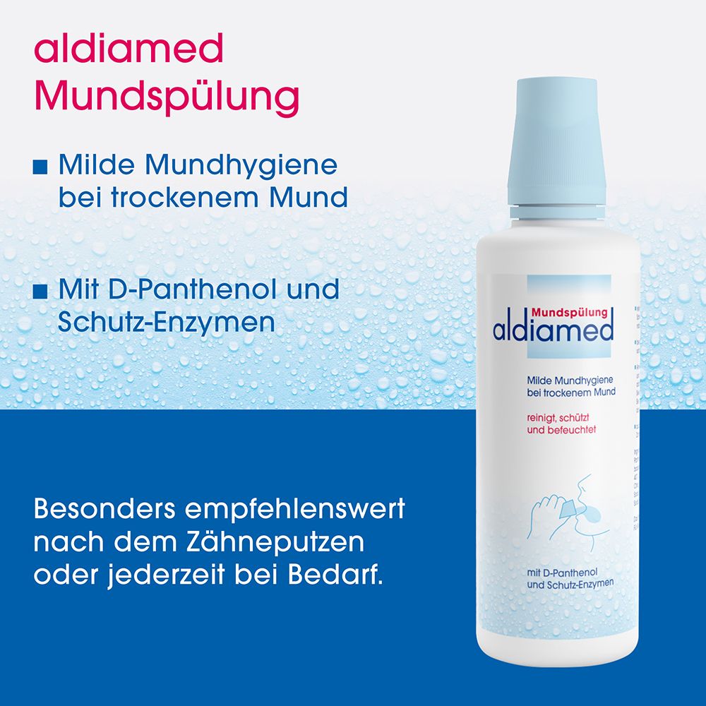 Aldiamed Mundspülung Flasche mit blauem Verschluss. Enthält D-Panthenol und Schutz-Enzyme.