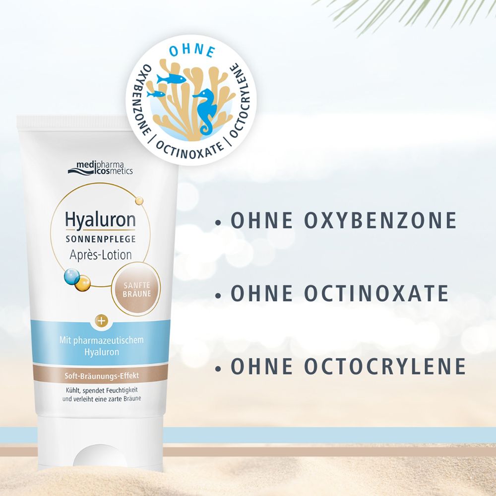 Tube Hyaluron Sonnenpflege Après-Lotion. Text: Ohne Oxybenzone, Octinoxate, Octocrylene. Marke: medipharma cosmetics.