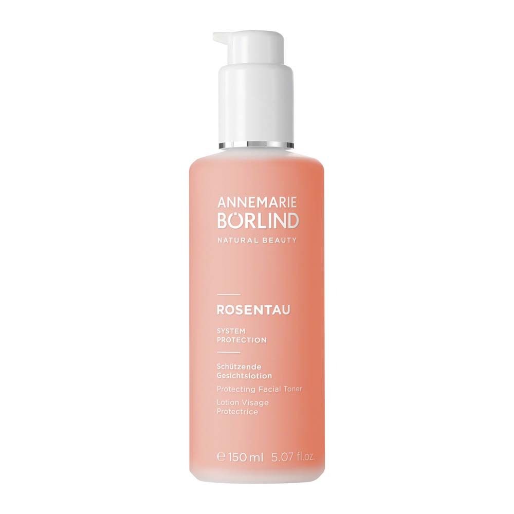 Rosa Flasche mit Pumpe. Aufschrift: ANNEMARIE BÖRLIND, ROSENTAU, Schützende Gesichtslotion.