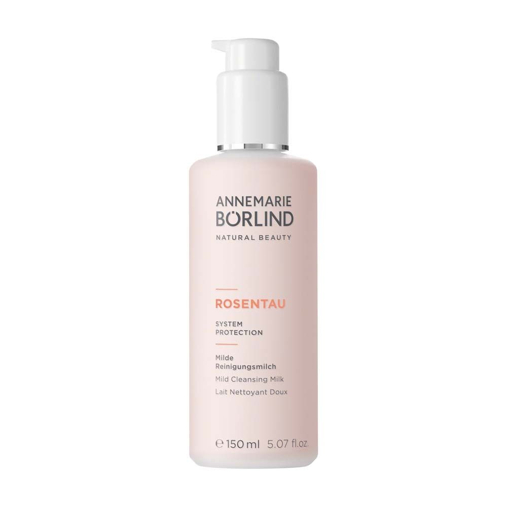 Rosa Flasche mit Pumpe. Text: ANNEMARIE BÖRLIND, ROSENTAU, Milde Reinigungsmilch. 150 ml.