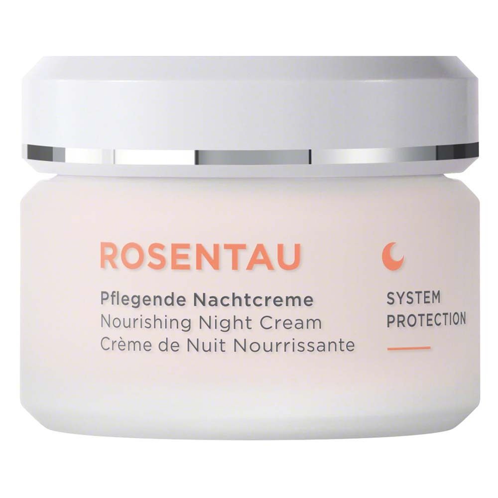Creme-Glas mit weißem Deckel. Text: ROSENTAU, Pflegende Nachtcreme, Nourishing Night Cream, Crème de Nuit Nourrissante.