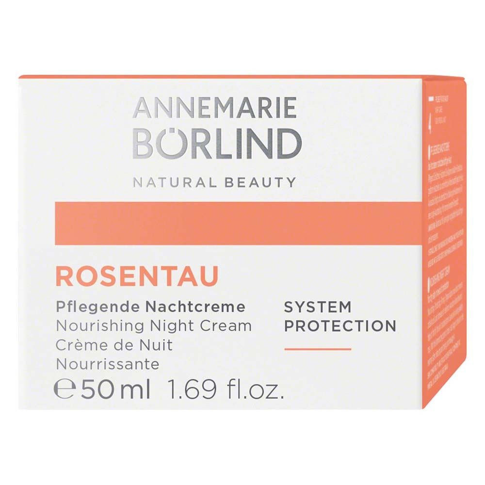 Karton mit Text: ANNEMARIE BÖRLIND, ROSENTAU, Pflegende Nachtcreme, Nourishing Night Cream, Crème de Nuit Nourrissante.