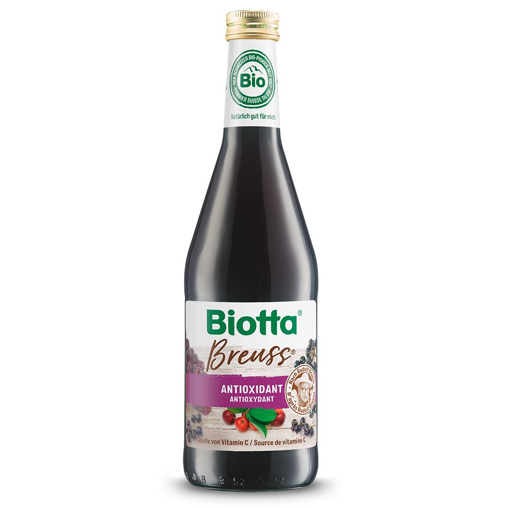 Glasflasche mit dunklem Saft. Aufschrift: Biotta Breuss Antioxidant. Bio-Siegel.