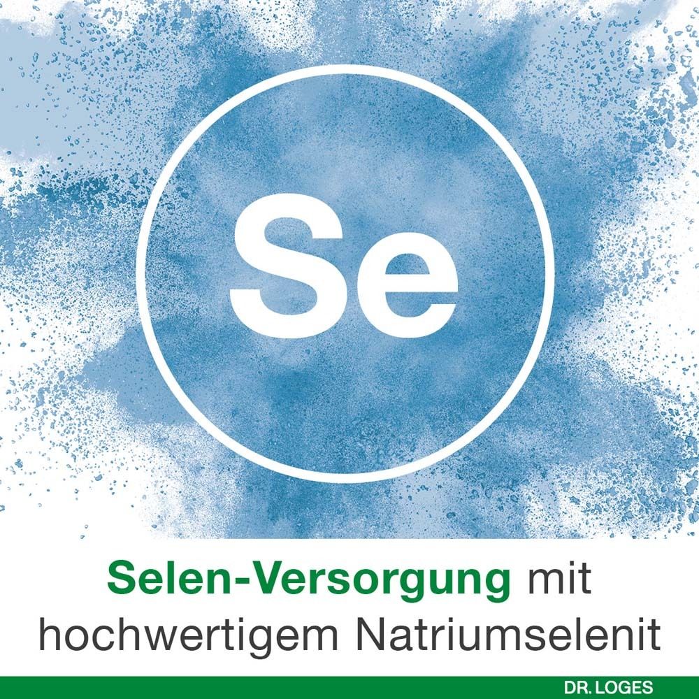 Kreisförmiges Logo mit „Se“ und blauem Hintergrund. Text: Selen-Versorgung mit hochwertigem Natriumselenit. Logo Dr. Loges.