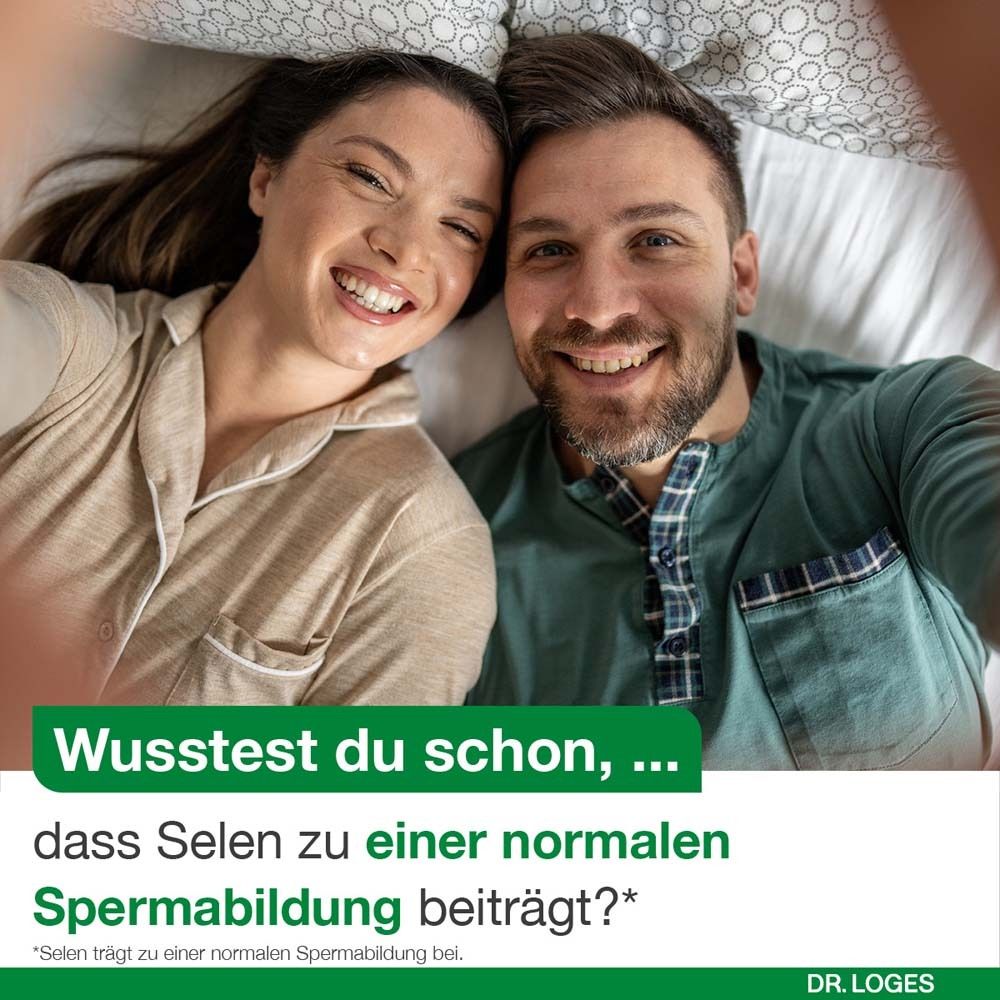 Paar im Bett. Text: Wusstest du schon, dass Selen zu einer normalen Spermienbildung beiträgt? Logo: Dr. Loges.