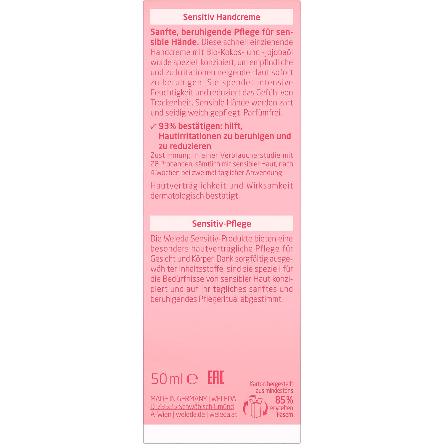 Produktverpackung mit Text. Enthält Informationen zur Handcreme. Rosa Hintergrund.