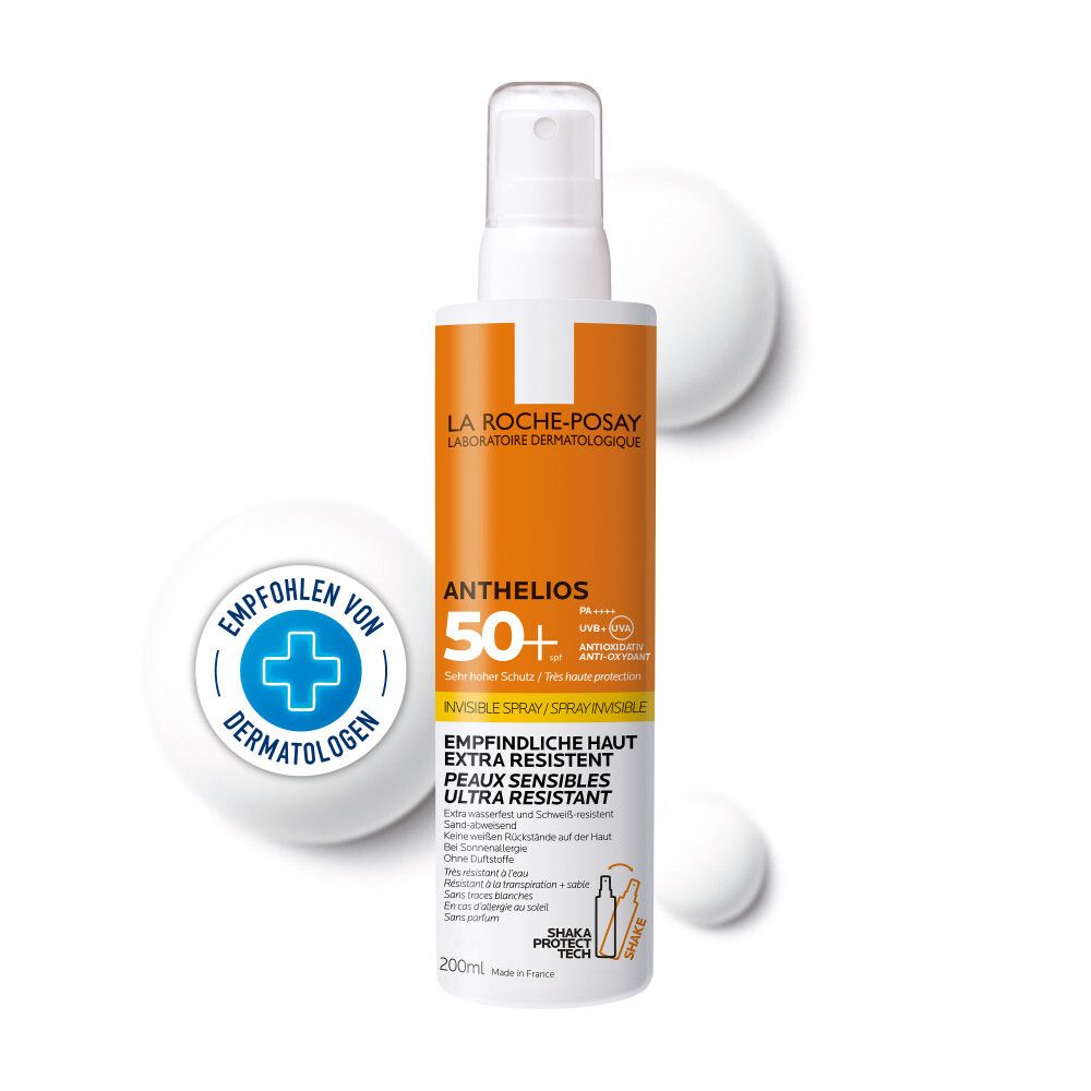 La Roche-Posay Anthelios 50+ Spray. Empfohlen von Dermatologen. Weiße Flasche mit orangefarbenem Etikett. Enthält 200ml.