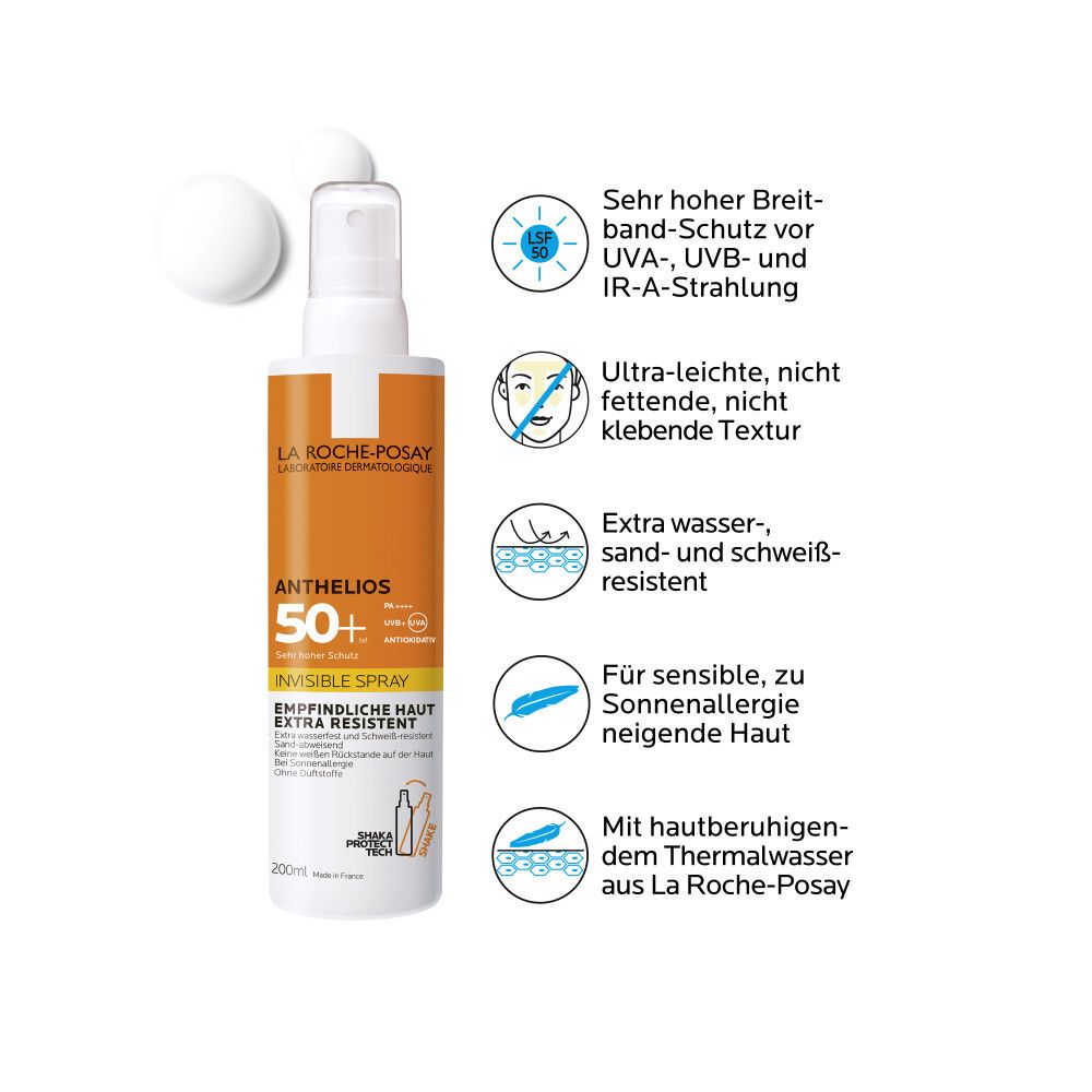 La Roche-Posay Anthelios 50+ Spray. Eigenschaften: Sehr hoher Schutz, ultra-leicht, wasserfest, für sensible Haut. Abbildungen von Icons.