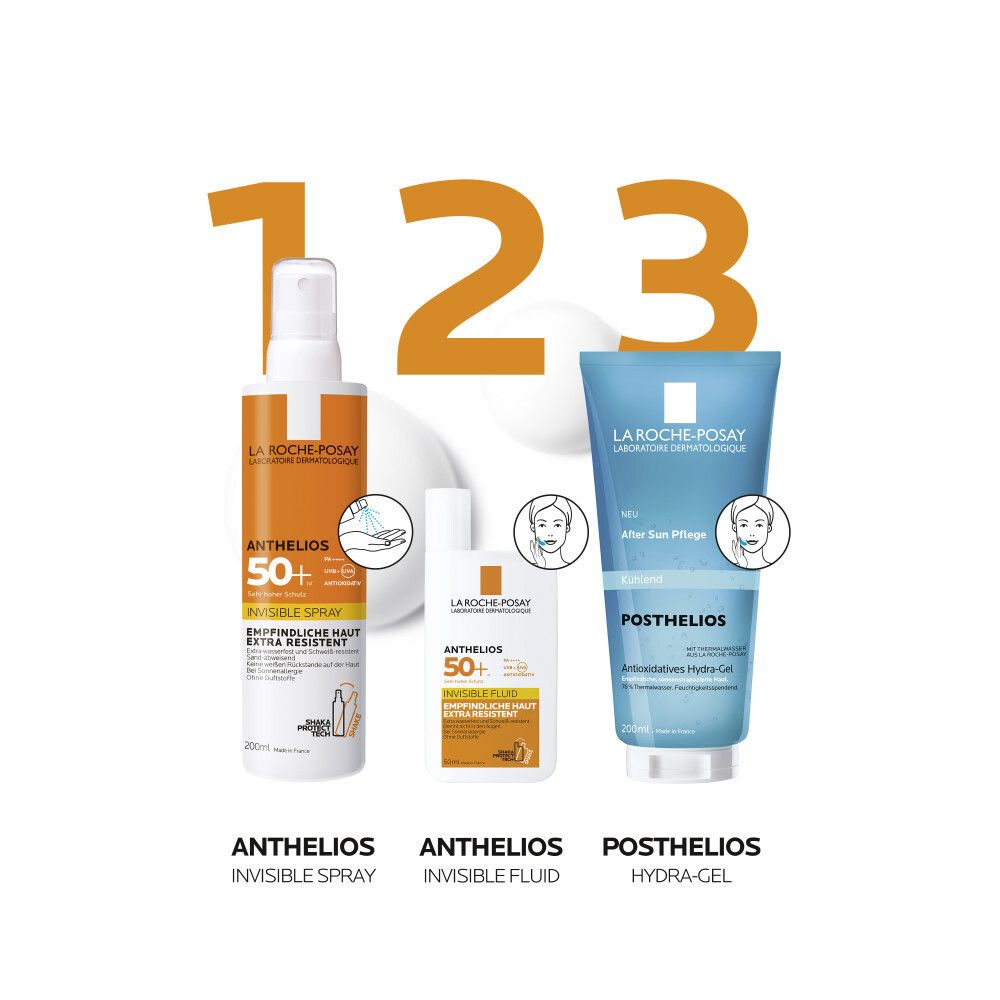 Drei La Roche-Posay Produkte: Anthelios Invisible Spray, Anthelios Invisible Fluid, Posthelios Hydra-Gel. Alle mit dem Logo und Produktnamen.