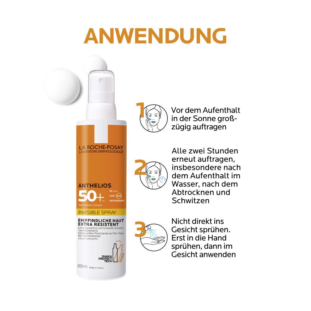 Anwendung des Anthelios Invisible Spray. Schritt 1: Vor dem Aufenthalt in der Sonne auftragen. Schritt 2: Alle 2 Stunden erneut auftragen. Schritt 3: Nicht direkt ins Gesicht sprühen.