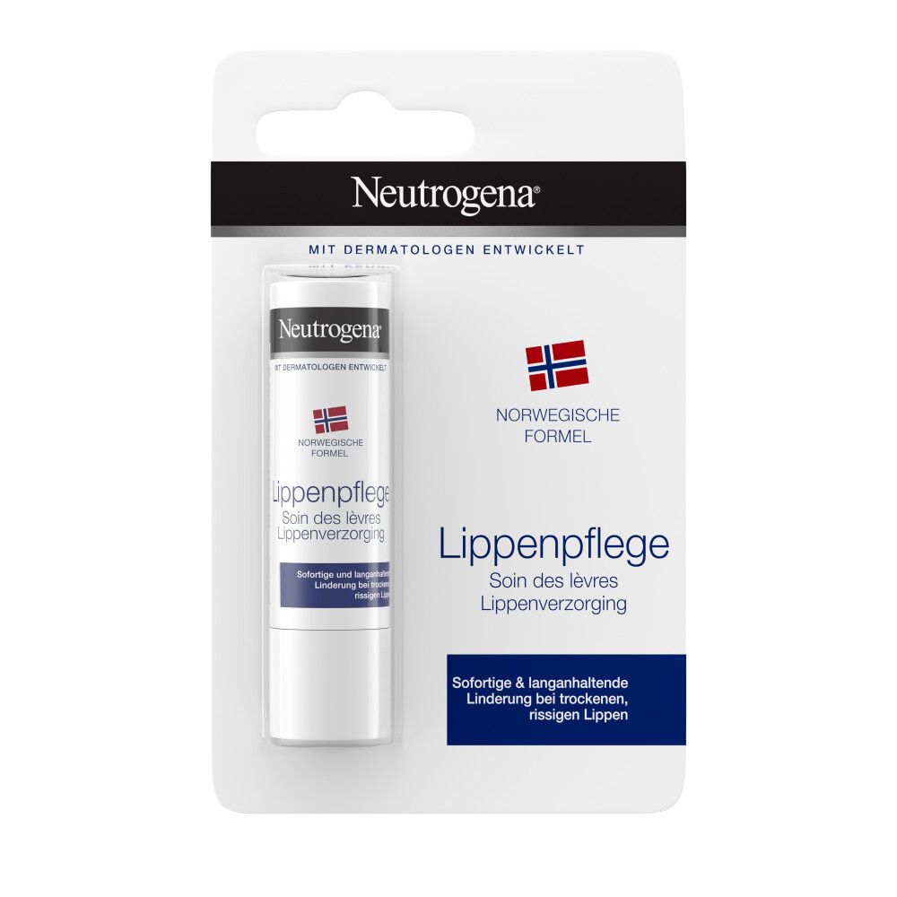 Neutrogena Lippenpflege in Blisterverpackung. Lippenpflegestift mit schwarzem Deckel. Norwegische Formel.