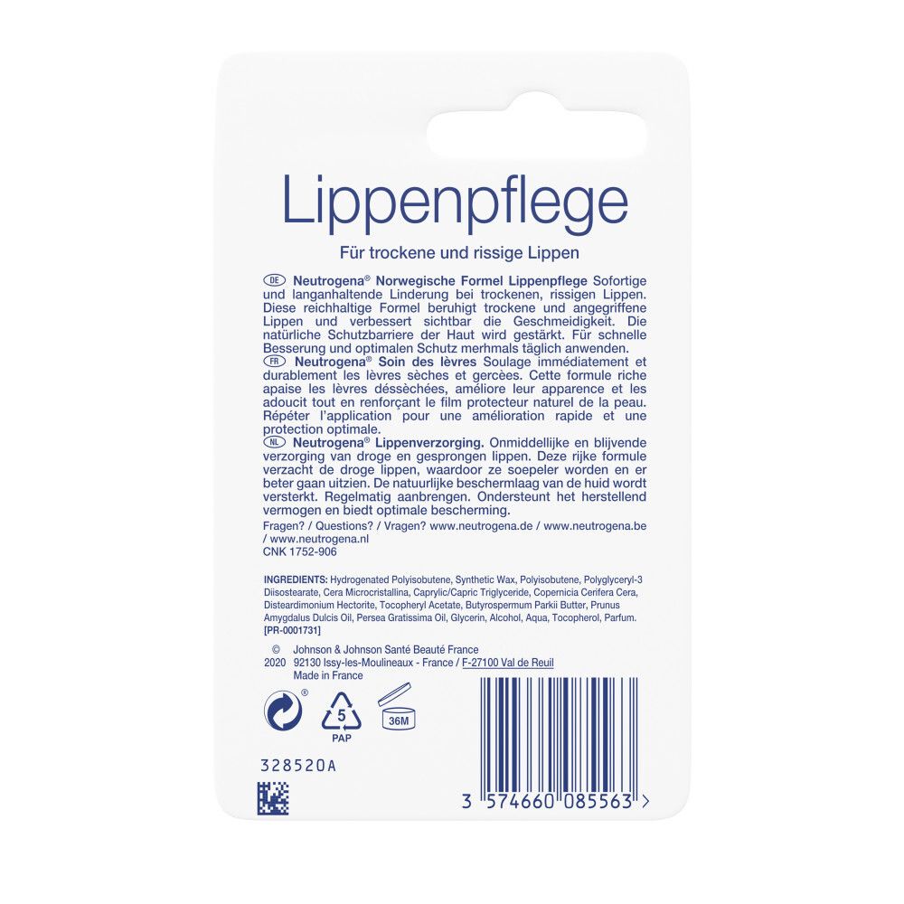 Rückseite der Lippenpflege-Verpackung. Text in mehreren Sprachen. Inhaltsstoffe und Herstellerinformationen.