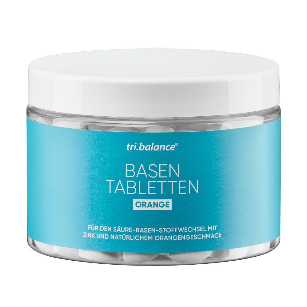 Dose tri.balance® Basentabletten ORANGE. Blaue Etikett mit Produktnamen und Text. Tabletten im Inneren sichtbar.
