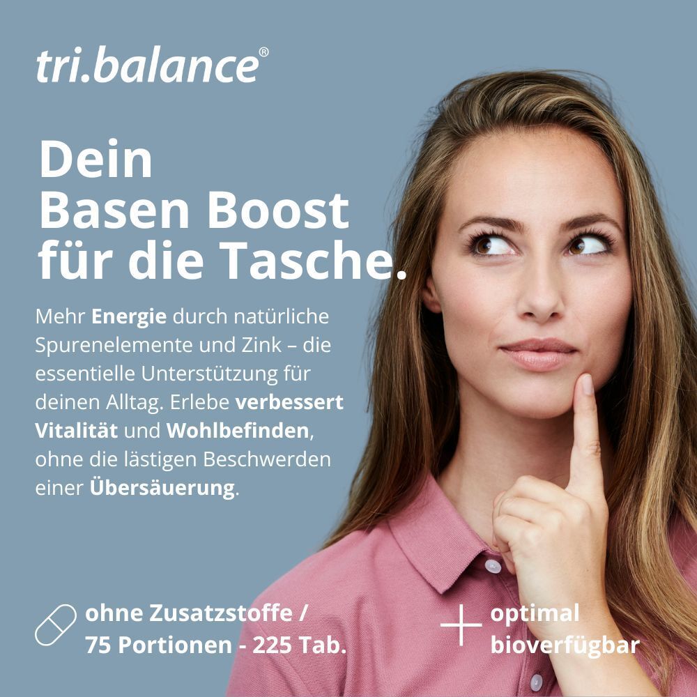 Frau mit pinkem Hemd. Text: Dein Basen Boost für die Tasche. 75 Portionen - 225 Tab.