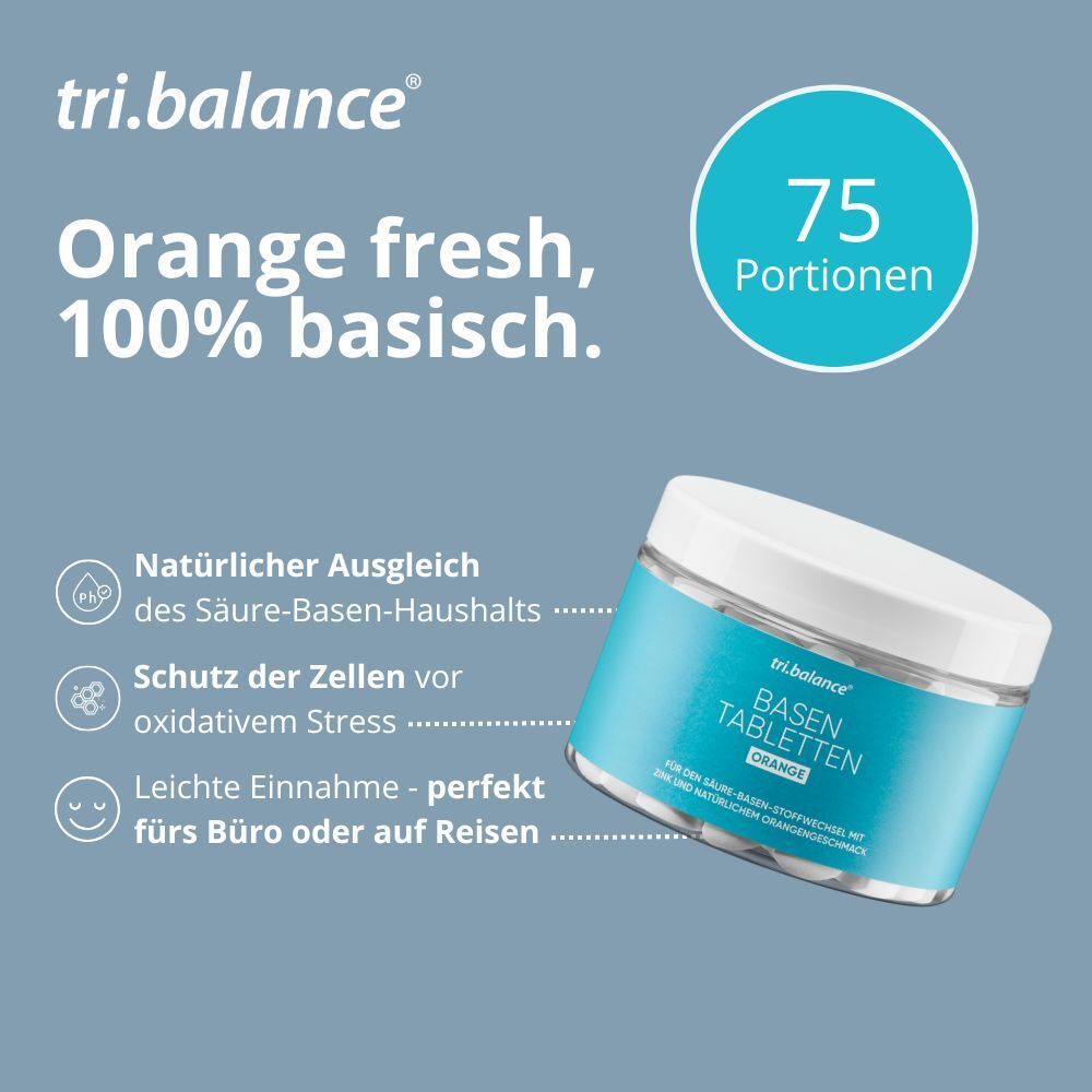 Dose tri.balance® Basentabletten ORANGE. Text: Orange fresh, 100% basisch. 75 Portionen.