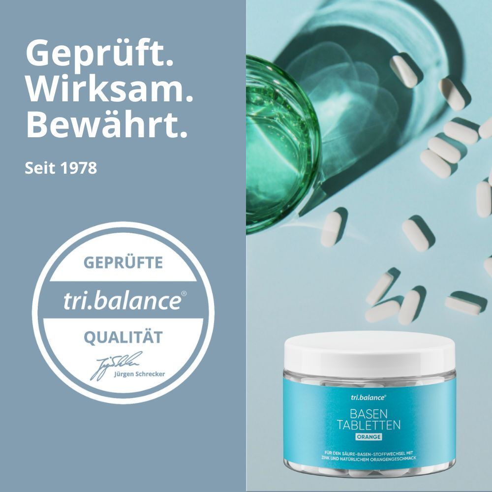 Dose tri.balance® Basentabletten ORANGE und Tabletten. Text: Geprüft. Wirksam. Bewährt. Seit 1978.