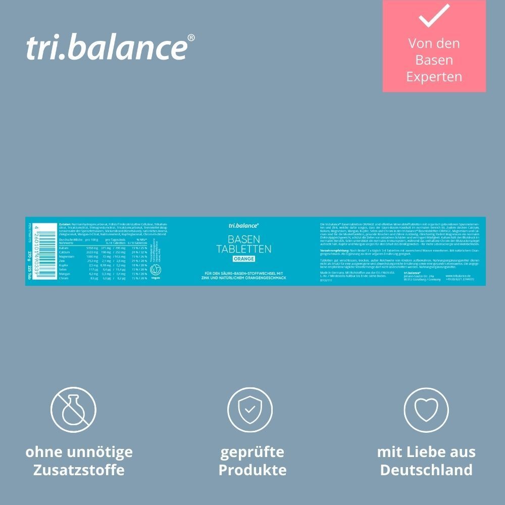 Verpackung tri.balance® Basentabletten ORANGE. Text und Logos: ohne unnötige Zusätze, geprüfte Produkte.