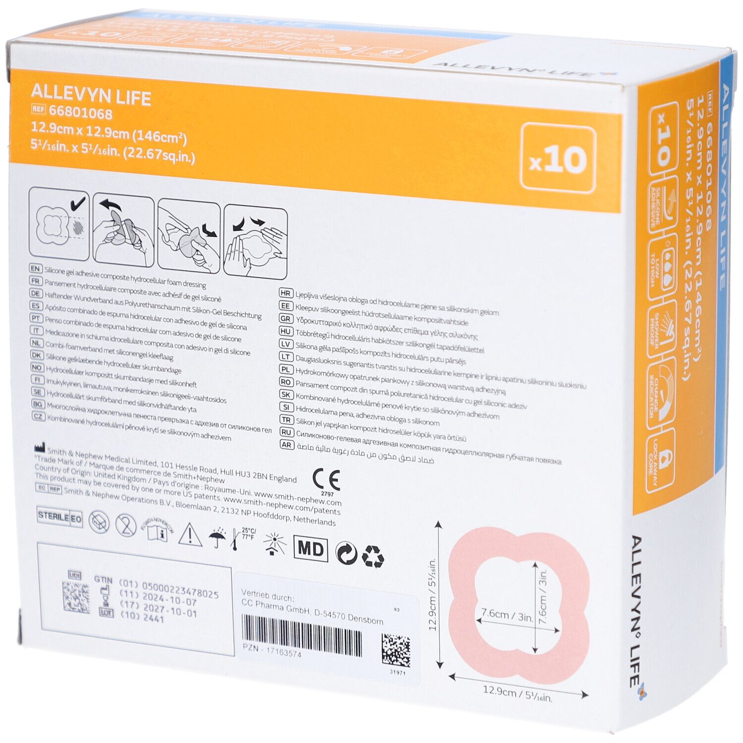 Rückseite der ALLEVYN LIFE Schaumverbände-Packung. Rosa quadratische Wundauflage. Maße: 12,9cm x 12,9cm. Hersteller: Smith+Nephew. Packung mit 10 Stück.