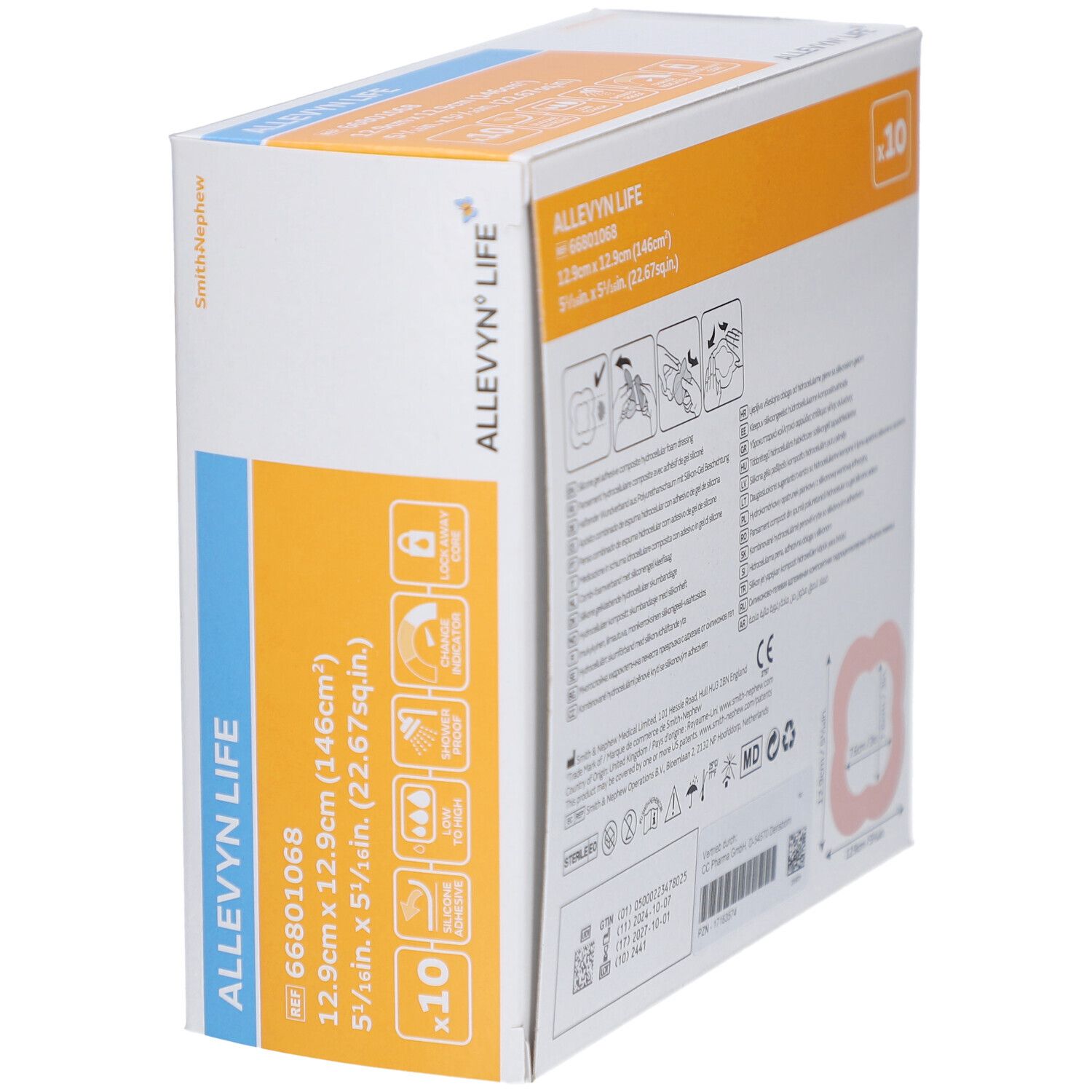 ALLEVYN LIFE Schaumverbände-Packung. Rosa quadratische Wundauflage. Maße: 12,9cm x 12,9cm. Hersteller: Smith+Nephew. Packung mit 10 Stück.