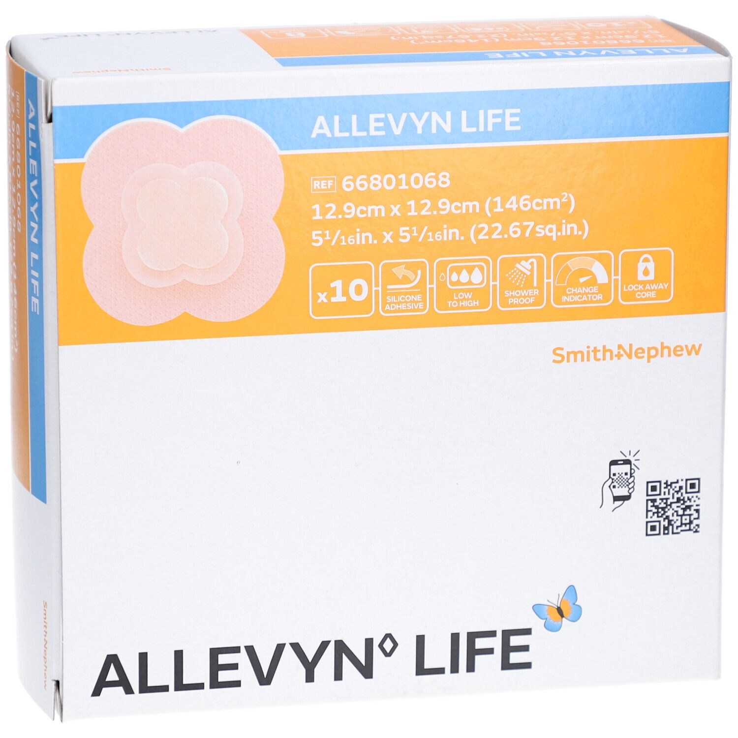 ALLEVYN LIFE Schaumverbände, Packung. Rosa quadratische Wundauflage. Maße: 12,9cm x 12,9cm. Hersteller: Smith+Nephew. Packung mit 10 Stück.