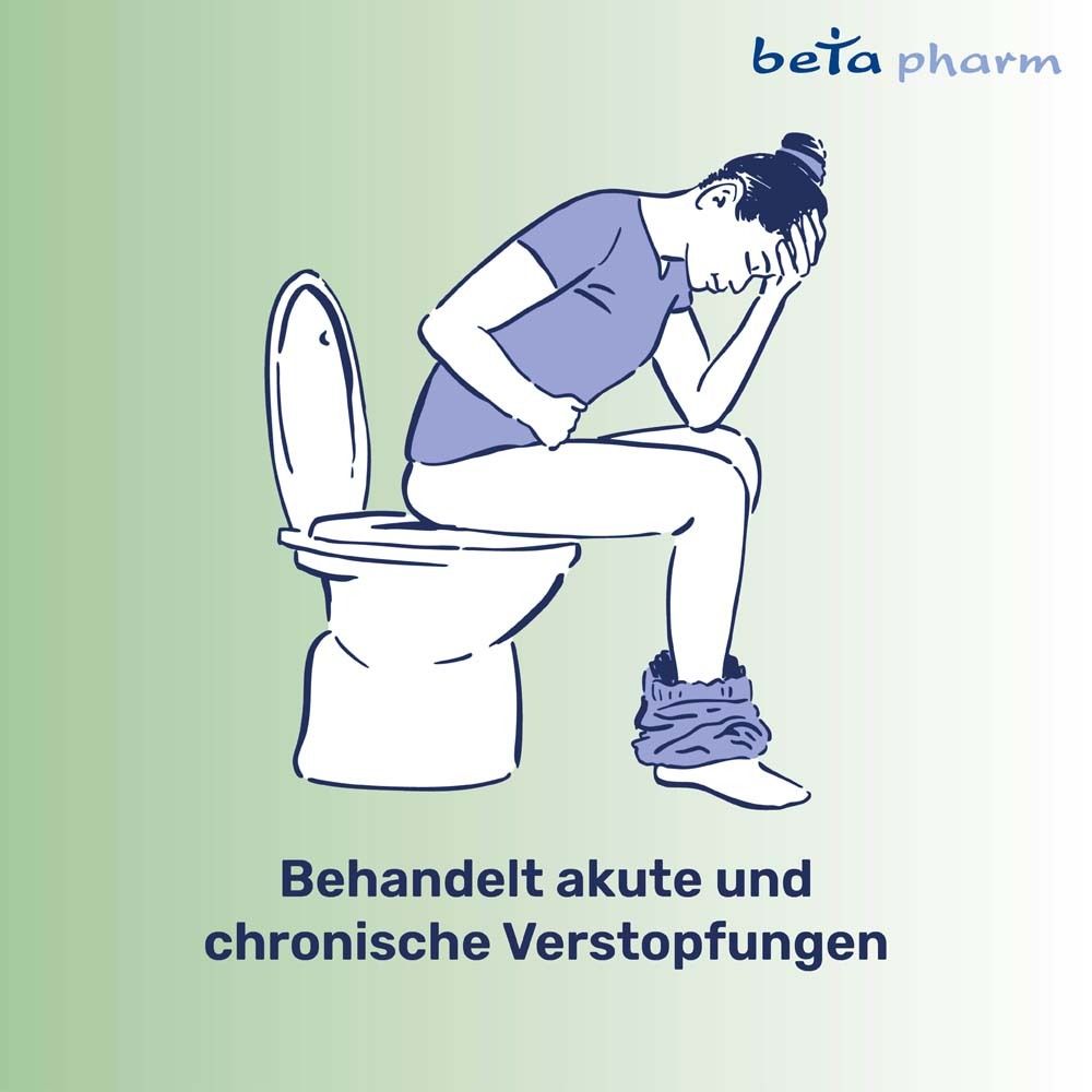 Illustration einer Person auf der Toilette. Text: Behandelt akute und chronische Verstopfungen. Beta pharm Logo.